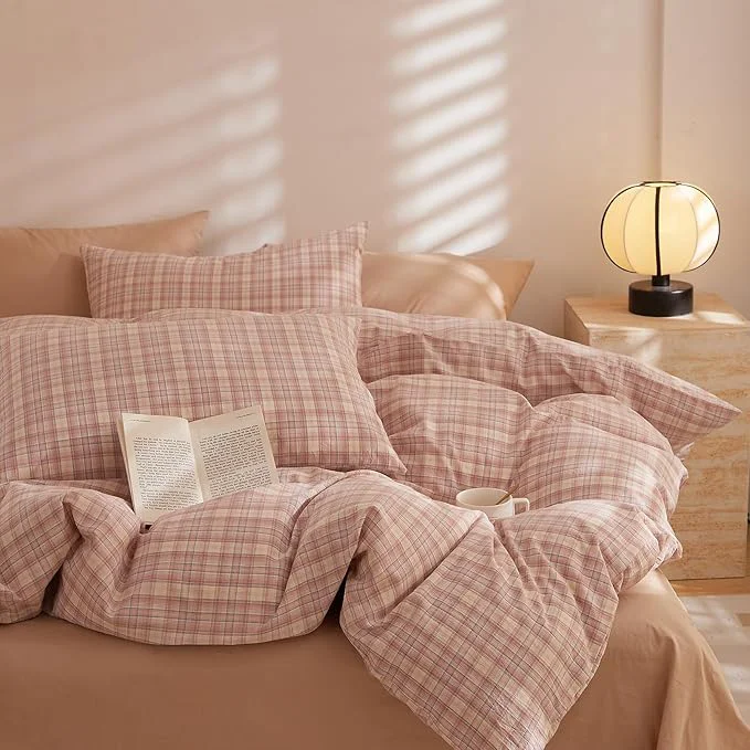 Classic EAVD Modern Style Gingham Comforter Set Twin XL Fluffy Soft Pink Blue Grid Plaid Comforter Set with 2 Pillowcases Farmhouse Grid Checkered Gingham Bedding Set for All-Season Pure