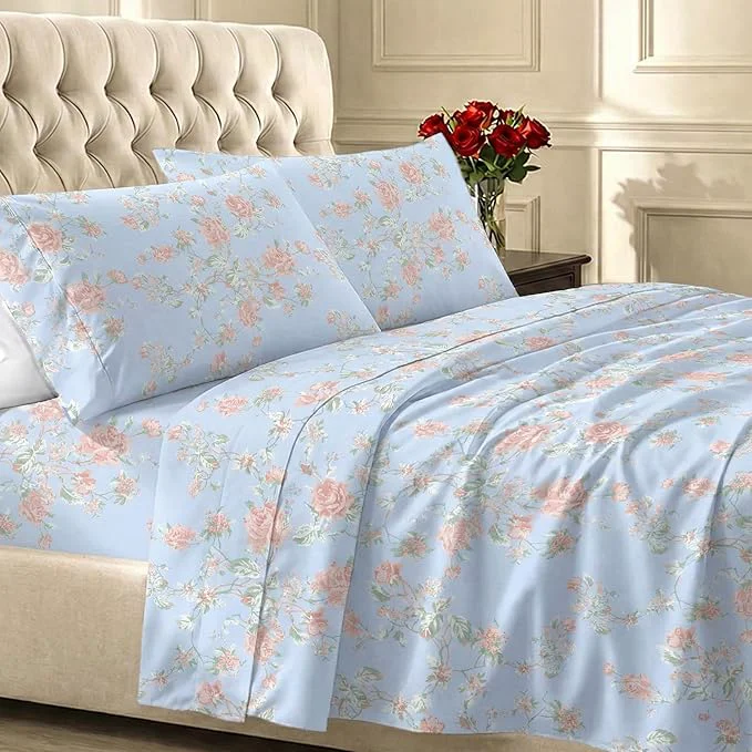 Luxury California Design Den Floral Pattern King Size Sheets Set – 400 Thread Count Natural Cotton Soft Sateen Weave Deep Pocket King Sheets and Durable Bedding Set – Antique Rose Dependable
