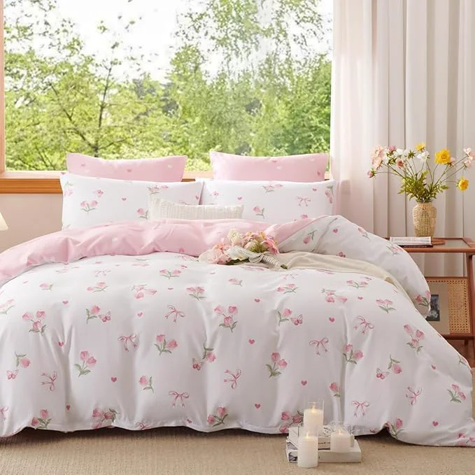 Elegant Floral Comforter Set Full Size – 3 Pieces Pink White Floral Tulips Bow Comforter Bedding Sets Reversible Pattern Full Bed in a Bag with Flowers Comforter and 2 Pillowcases Lightweight