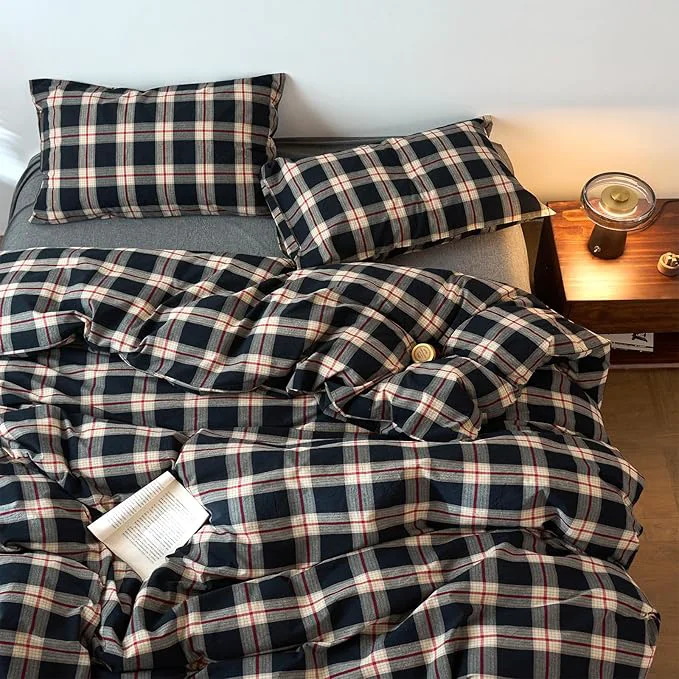 Luxury EAVD Vintage Black Plaid Gingham Comforter Set Full Soft Washed Cotton Black amp Green amp Red Grid Checkered Bedding Set with 2 Pillowcases Farmhouse Retro Plaid Comforter Set for All-Season Modern