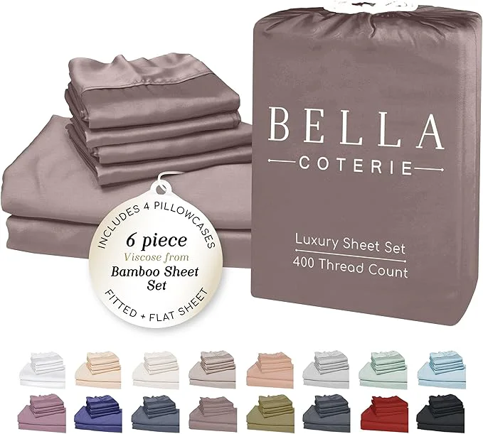 Relaxed Bella Coterie 6 Piece Luxury Bamboo Viscose King Size Sheet Set Organically Grown Cooling for Hot Sleepers 18 quot Deep Pocket Soft amp Hypoallergenic 4 Pillowcases Mocha Traditional