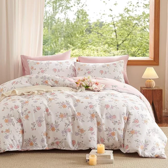 Powerful Floral Comforter Set King Size – 3 Pieces Pink White Floral Comforter Bedding Sets Reversible Pattern King Bed in a Bag with Flowers Comforter and 2 Pillowcases Excellent