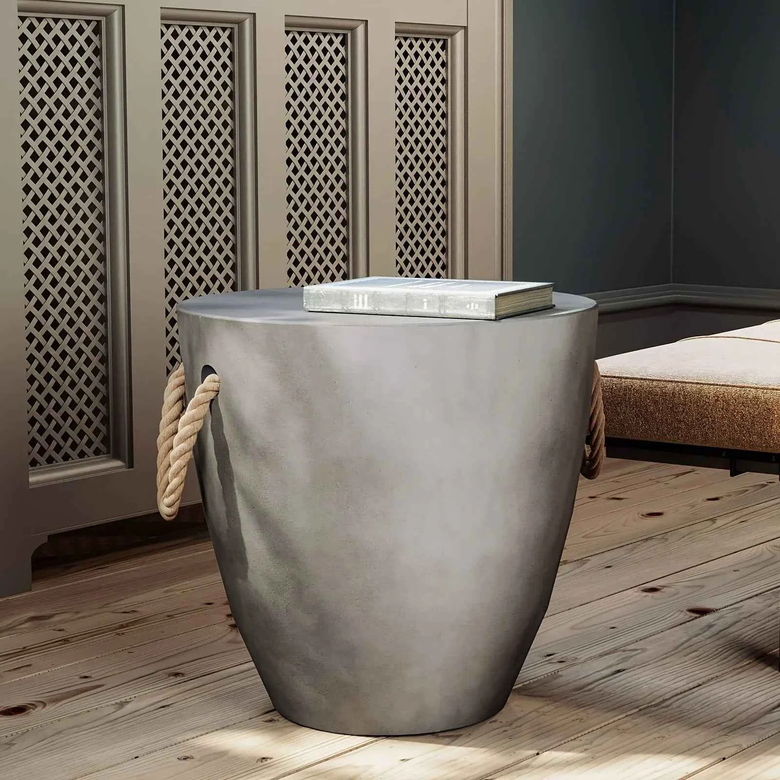 Long-Lasting Modern Light Gray Concrete End Table with Rope Handles Healthy