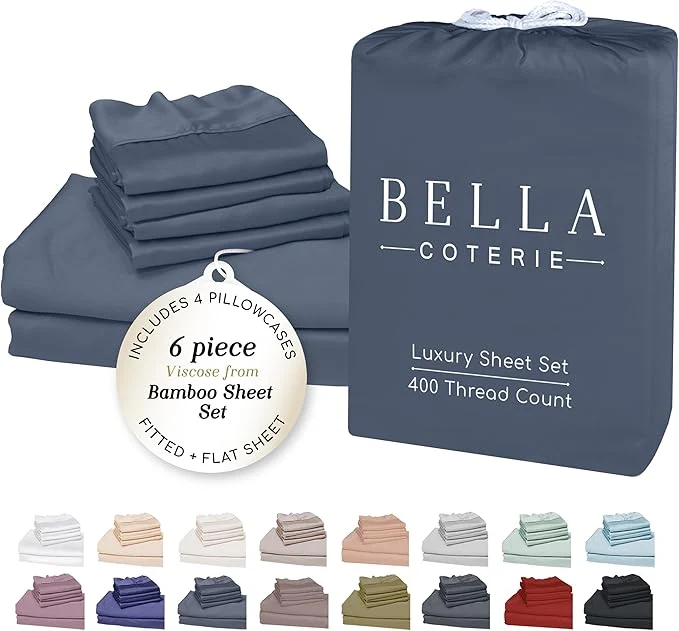 Convenient Bella Coterie 6 Piece Luxury Bamboo Viscose King Size Sheet Set Organically Grown Cooling for Hot Sleepers 18 quot Deep Pocket Soft amp Hypoallergenic 4 Pillowcases Slate Blue Pure