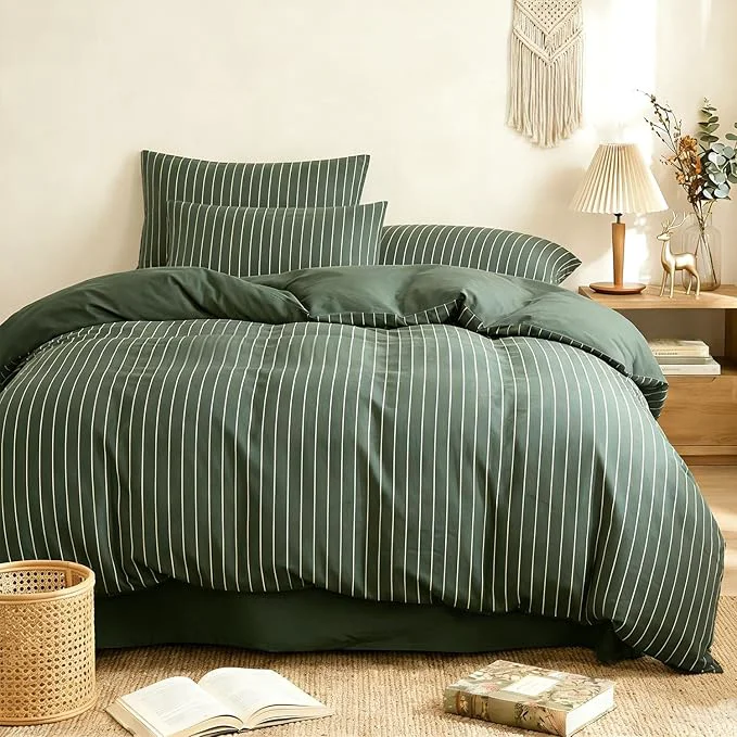 Genuine Striped Comforter Set Full Size – 3 Pieces Green White Striped Comforter Bedding Sets Checkered Pattern Full Bed in a Bag with Stripes Comforter and 2 Pillowcases Outstanding