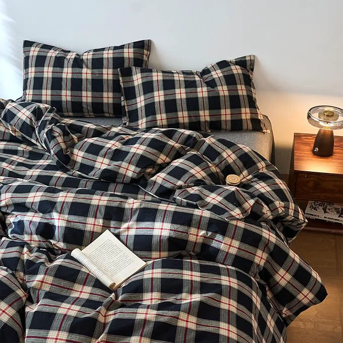Traditional EAVD Vintage Black Plaid Gingham Comforter Set King Soft Washed Cotton Black amp Green amp Red Grid Checkered Bedding Set with 2 Pillowcases Farmhouse Retro Plaid Comforter Set for All-Season Proven