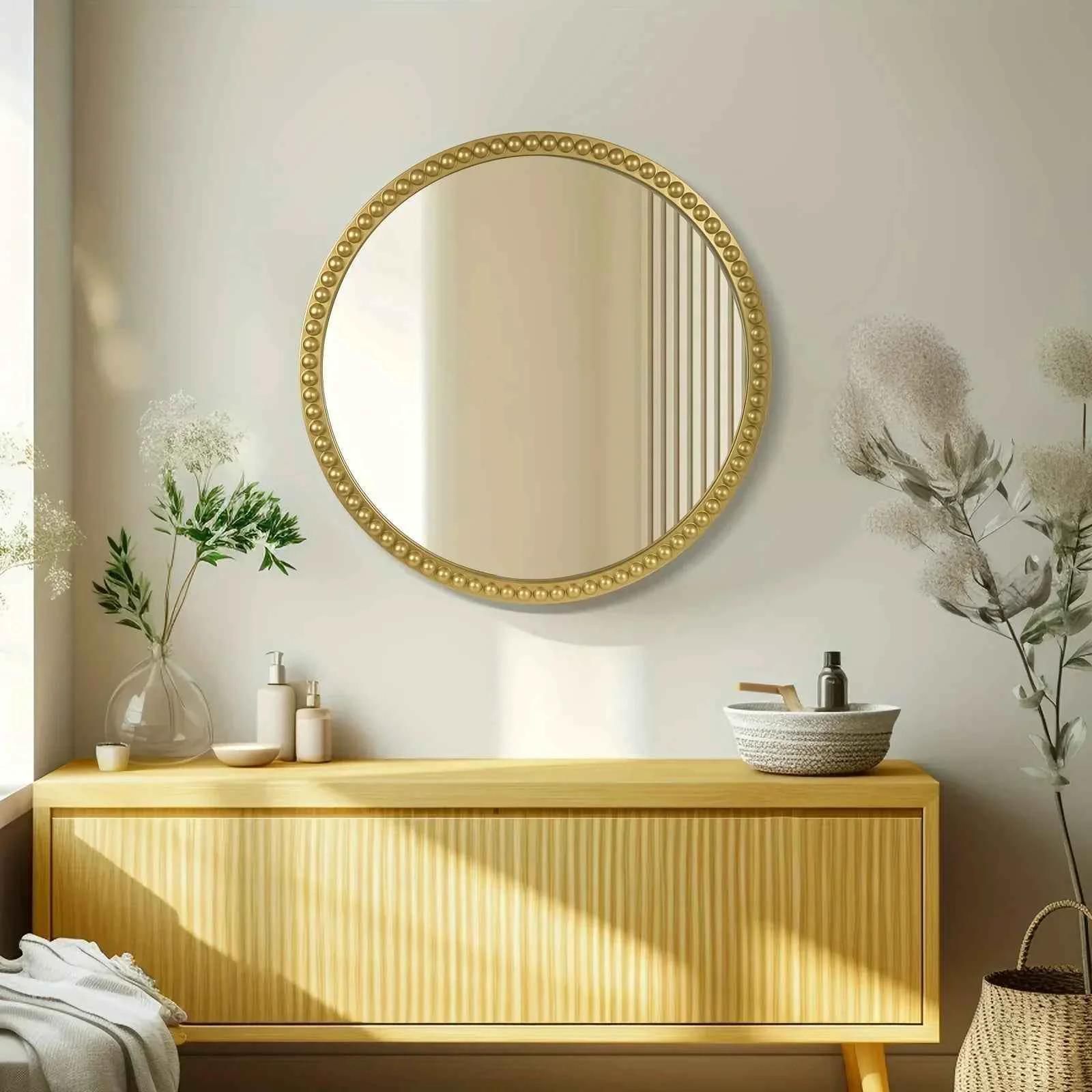 Exceptional Wall Mirror – Beaded Gold 24 Inch Natural