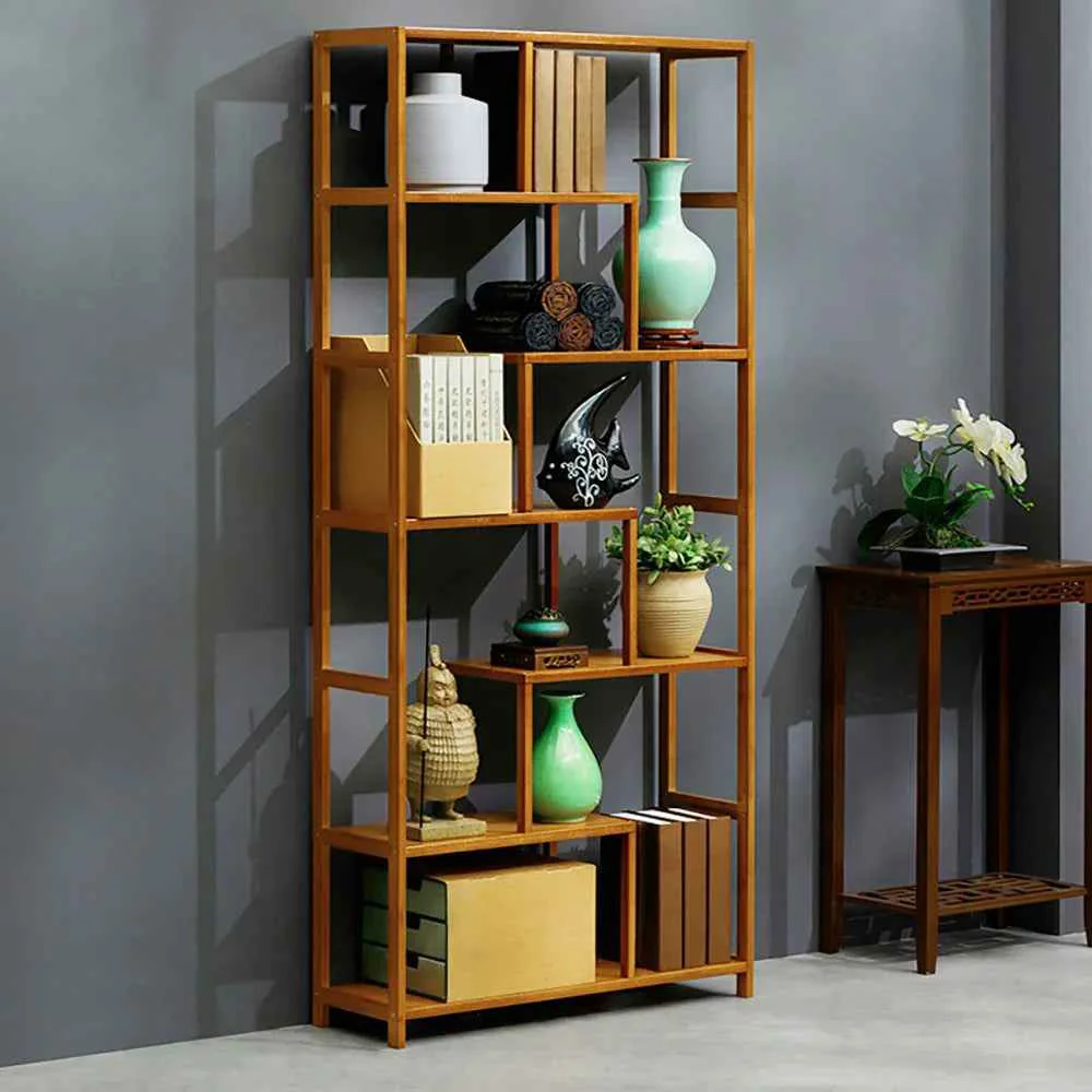 Natural Wooden 7-Tier S-Shaped Bookcase with Storage Organic