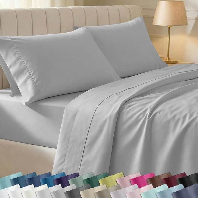 Consistent California Design Den 6-Pc King Size Sheet Set with 4 Pillowcases – Soft 400 Thread Count Cotton Sheets Sateen Weave Deep Pocket Bedsheets Set – Light Grey Sophisticated