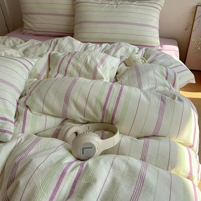 Original EAVD Vintage Striped Comforter Set Queen Soft Cotton Retro Purple amp Green Vertical Striped Bedding Set with 2 Pillowcases Boho Geometric Pattern Comforter Set for All-Season Breathable Lightweight Crafted