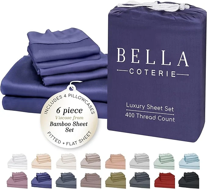 High-Performance BELLA COTERIE 6 Piece Luxury Bamboo Viscose California King Size Sheet Set Organically Grown Cooling for Hot Sleepers 18 quot Deep Pocket Soft amp Hypoallergenic 4 Pillowcases Twilight Blue High-Quality