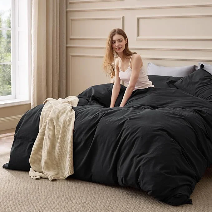 Exceptional Bedsure Washed Cotton Duvet Cover Queen Size – Black Minimalist Bedding Set Linen Like – PureWoven Plain Simple amp Soft Comforter Cover for All Seasons Black Queen 90 quot x90 quot Premium