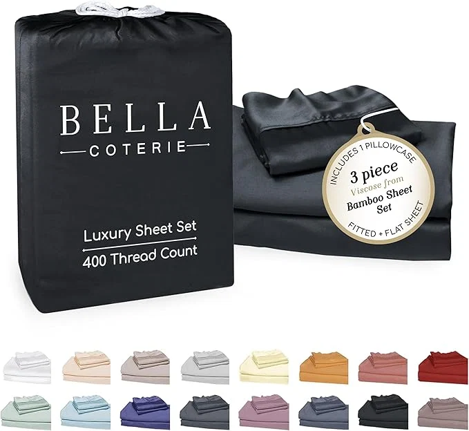 Safe Bella Coterie Luxury Bamboo Viscose Twin Size Sheet Set Organically Grown Ultra Soft Cooling for Hot Sleepers 18 quot Deep Pocket Black Next-Generation