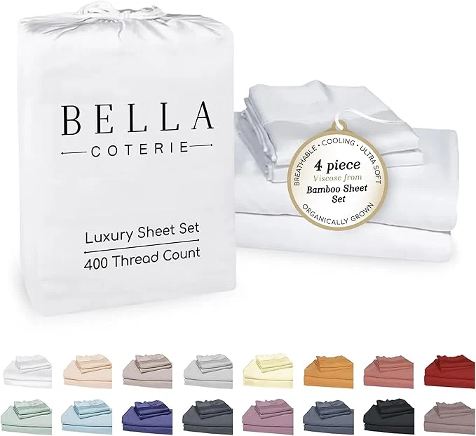 Fine Bella Coterie Luxury Bamboo Viscose King Size Sheet Set Organically Grown Ultra Soft Cooling for Hot Sleepers 18 quot Deep Pocket White Breathable