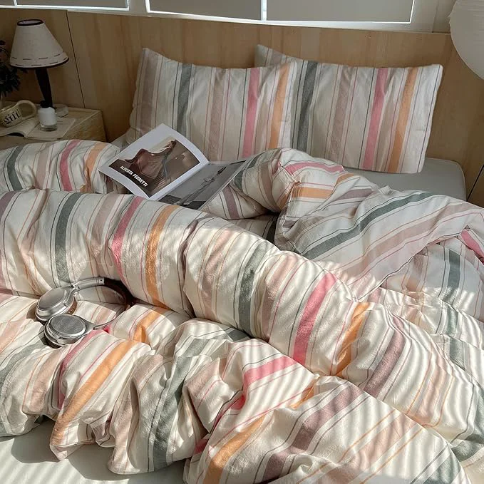 Sophisticated EAVD Retro Striped Comforter Set King Soft Washed Cotton 3-Piece Colorful Striped Bedding Set with 2 Pillowcases Vintage Multicolor Geometric Pattern Comforter Set for All-Season Dependable