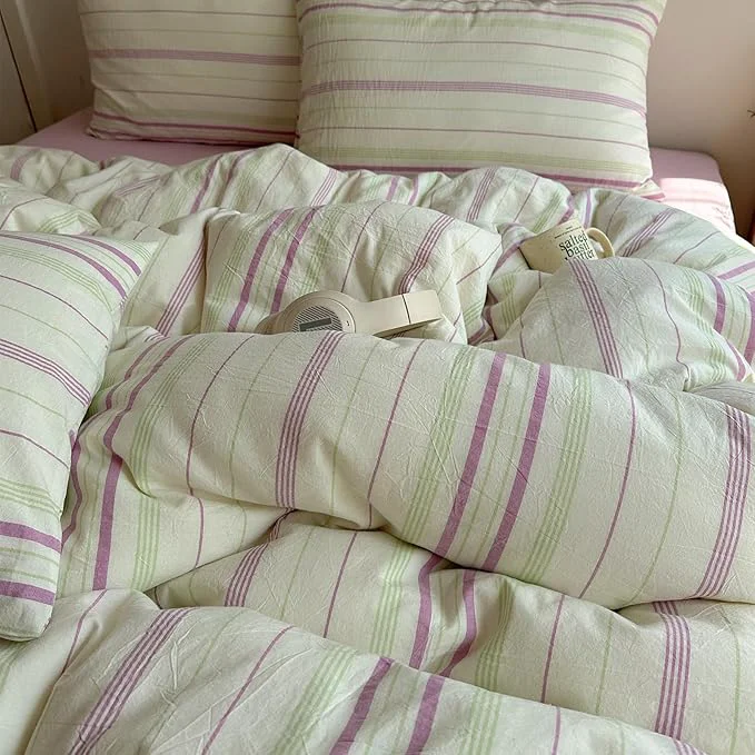 Durable EAVD Vintage Striped Comforter Set Twin XL Soft Cotton Retro Purple amp Green Vertical Striped Bedding Set with 2 Pillowcases Boho Geometric Pattern Comforter Set for All-Season Breathable Lightweight Elegant