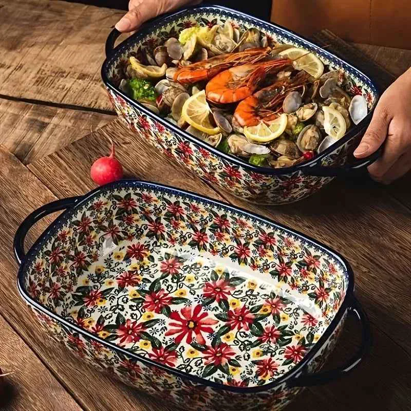 Recyclable 1pc Polish Ceramic Rectangular Baking Dish with Handles Hand-Painted Embossed Floral Design Versatile Salad Rice Cheese Plate for Home Kitchen First-Class