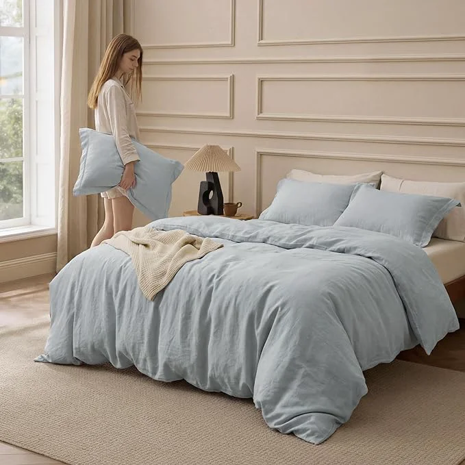 Practical Bedsure Washed Cotton Duvet Cover Full Size – Pastel Blue Minimalist Bedding Set Linen Like – PureWoven Plain Simple amp Soft Comforter Cover for All Seasons Pastel Blue Full 80 quot x90 quot Durable
