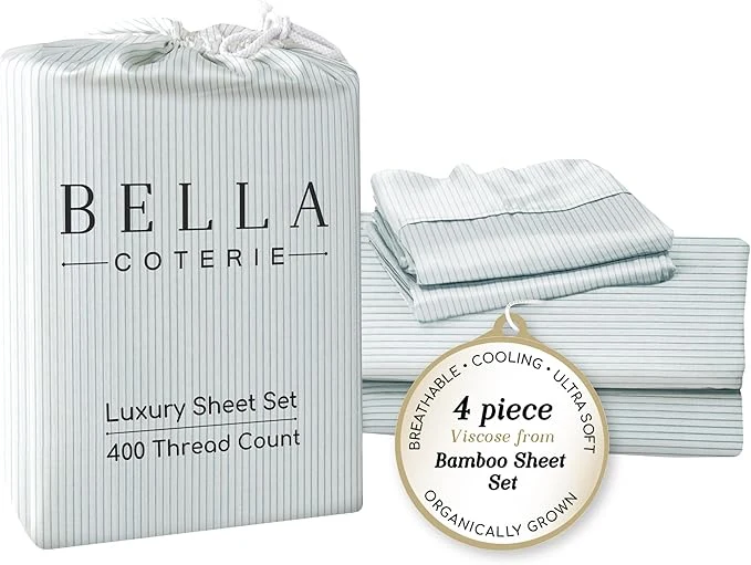 Healthy Bella Coterie Luxury Bamboo Viscose King Size Sheet Set Organically Grown Ultra Soft Cooling for Hot Sleepers 18 quot Deep Pocket Striped Coastal Blue Comfortable