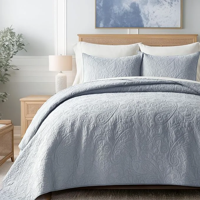 Authentic EVERGRACE Cotton Paisley Quilt Set King Size 3 Piece Set – Prewashed Lightweight Bedspread with 2 Shams Soft amp Breathable Matelasse Coverlet for All-Season Comfort Pearl Blue Prestigious