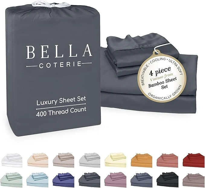 Fine Crafted Bella Coterie Luxury Bamboo Viscose 34 Split Top King Size Sheet Set 1 Fitted Sheet for Sleep Number amp Adjustable Beds Organically Grown Cooling amp Soft 18 Deep Pocket Charcoal Grey Eco-Friendly