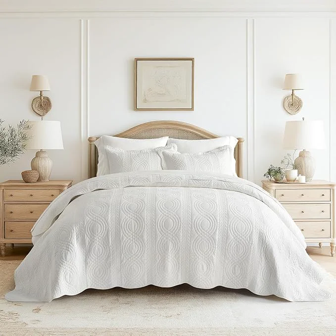 Solid EVERGRACE Cotton Scallop Quilt Set King Size 3 Piece Set – Lightweight Bedspread with 2 Shams Soft Prewashed Coastal Bedding Coverlet for Cozy and Elegant Bedding Bright White Long-Lasting