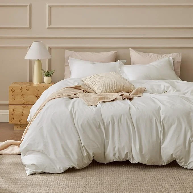 Verified Bedsure Washed Cotton Duvet Cover King Size – Ivory Minimalist Bedding Set Linen Like – PureWoven Plain Simple amp Soft Comforter Cover for All Seasons 3 Pieces Ivory King 104 quot x90 quot Exclusive