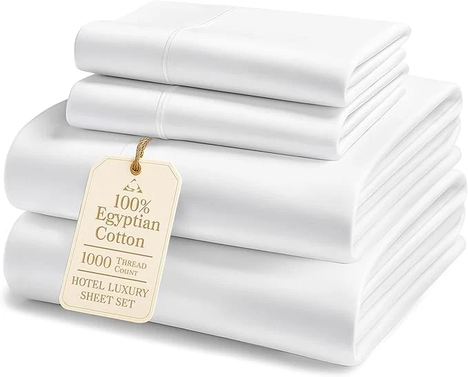 Eco-Friendly Egyptian Cotton Sheets King Size – 1000 Thread Count Silky Sateen King Size Sheets Set Naturally Cooling amp Breathable Ultra-Soft Hotel Luxury Sheets with 15 quot Snug Fit Deep Pockets – White Solid