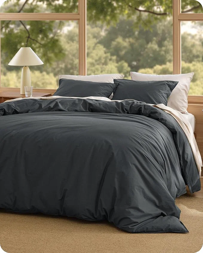 Detailed Bedsure Cotton Duvet Cover Queen – Luxury Slub Weave Cotton Duvet Cover Set PureWoven Bedding Set with a Linen Like Textured Easy Change Charcoal 90 quot x 90 quot Exclusive