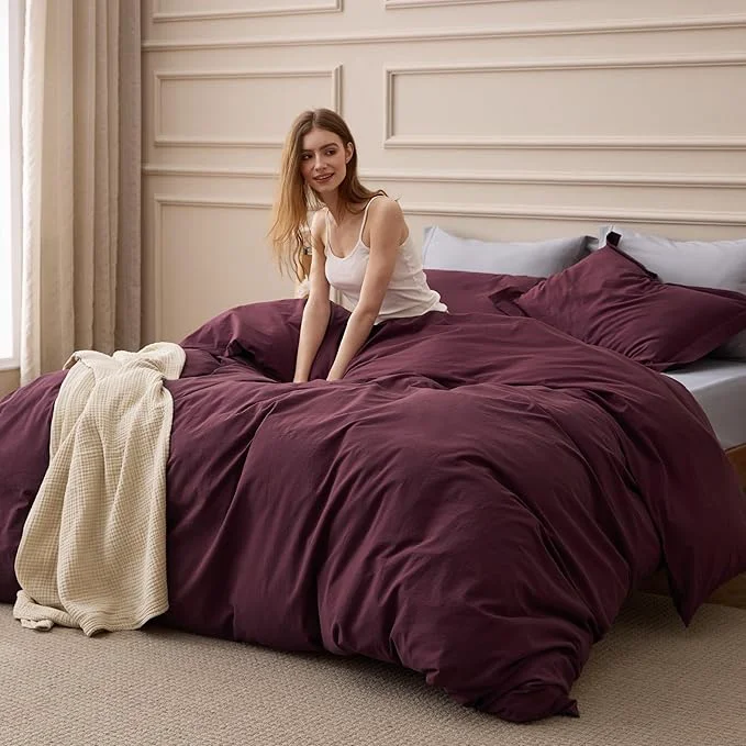 Efficient Bedsure Washed Cotton Duvet Cover Queen Size – Burgundy Minimalist Bedding Set Linen Like – PureWoven Plain Simple amp Soft Comforter Cover for All Seasons Burgundy Queen 90 quot x90 quot Contemporary
