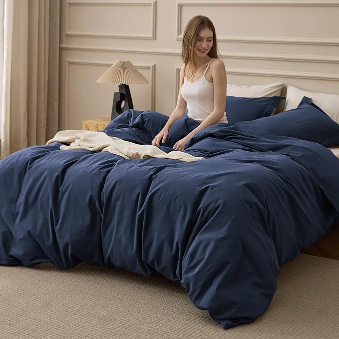 High-End Bedsure Washed Cotton Duvet Cover King Size – Navy Minimalist Bedding Set Linen Like – PureWoven Plain Simple amp Soft Comforter Cover for All Seasons Navy King 104 quot x90 quot Luxury