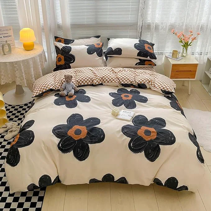 Superior Houseri Black Sunflower Comforter Set California King 3D Foral Beige White and Black Brown Bedding Soft Comfy Comforter Cal King Size Women Modern Kawaii Flowers Plaid Dorm Bed Quilts California King Minimalist