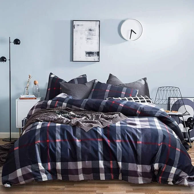 Fast Houseri Navy Plaid Comforter Set King Dark Blue Grid Bedding Sets King Size Men Classic Navy Buffalo Checkered Bed Sets Tartan Gingham Deep Color Checks Quilt Blanket King Prestigious