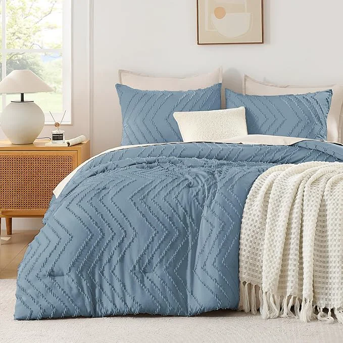 Fine Andency Greyish Blue California King Comforter Set Boho Cal King Soft Warm Tufted Neutral Bedding Comforter Sets 3 Pieces Cali King Aesthetic Chevron Farmhouse Cute Bohemian Textured Bedding Set Enhanced