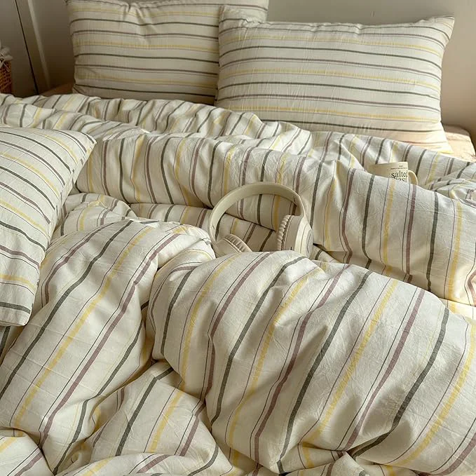 Contemporary EAVD Vintage Colorful Striped Comforter Set Full Soft Cotton 3-Piece Retro Vertical Striped Bedding Set with 2 Pillowcases Boho Geometric Comforter Set for All-Season Green amp Yellow amp Brown Full Healthy