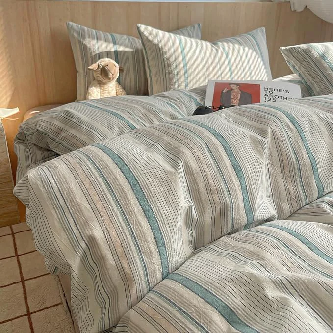 First-Class HighBuy Striped Comforter Set Twin XL – Washed Cotton Grey Green Stripes Comforter with 2 Pillowcases Pinstripe Stripes Printed Bedding Set Fluffy Soft 3 Pieces Comforter Sets All Season Original Design