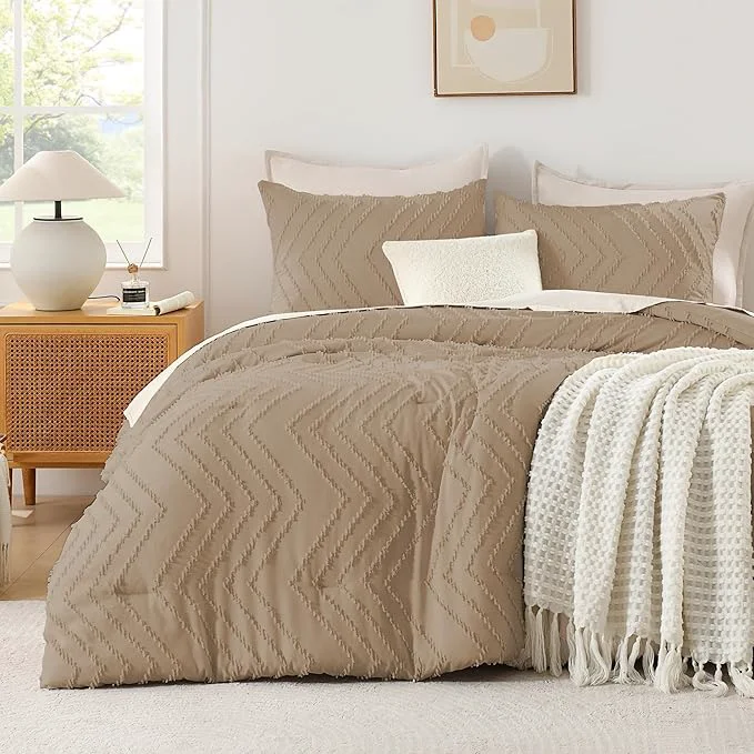 Environmentally Friendly Andency Taupe Comforter Set Queen Size Boho Soft Warm Tufted Bedding Comforter Sets for Queen Size Bed 3 Pieces Aesthetic Chevron Farmhouse Cute Bohemian Textured Bed Set Smooth