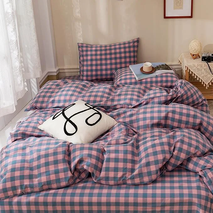 Contemporary HighBuy Full Size Comforter Set Purple Gingham Bedding Set 3 Pieces for All Season Modern Chic Plaid Checkered Pattern Comforter Set Breathable Fluffy Plaid Grid Comforter with 2 Pillowcases Minimalist