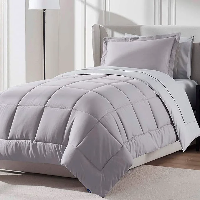 Fine Nestl 5 Piece Twin Comforter Set – Grey Lavender Reversible Bed in a Bag – Complete Twin Size Bedding Set with Sheets Pillowcase and Sham High-Quality