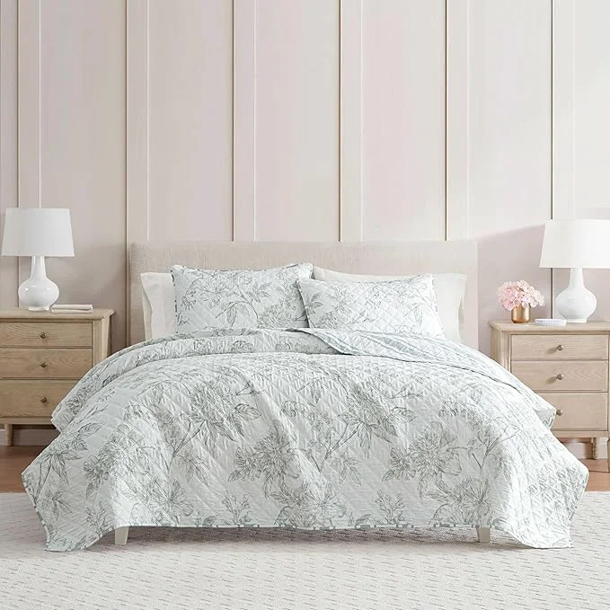 First-Class Martha Stewart – Twin Quilt Set Cotton Reversible Bedding Set Incredibly Soft Feel for Year Round Comfort 2 Piece Bed Set with Matching Pillowcase Vine Flora Green Minimalist