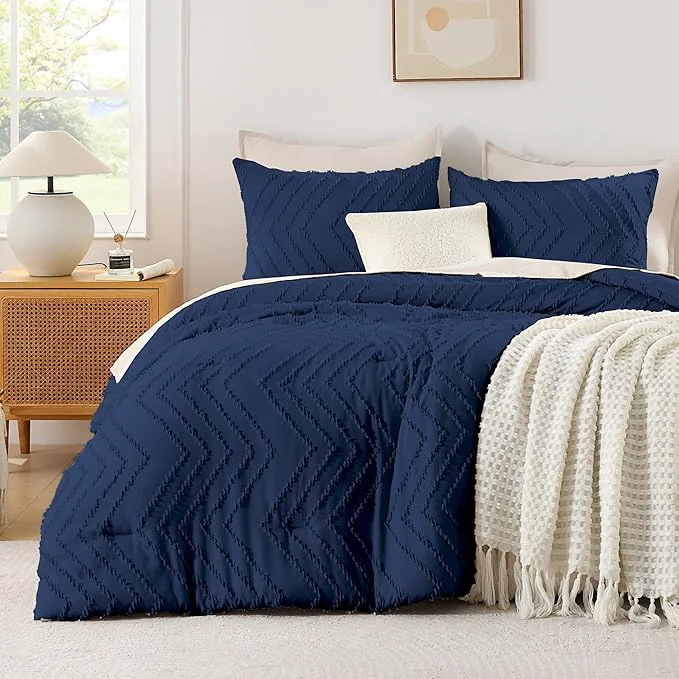 Convenient Andency Navy Blue Comforter Set Queen Size Boho Soft Warm Tufted Bedding Comforter Sets for Queen Size Bed 3 Pieces Aesthetic Chevron Farmhouse Cute Bohemian Textured Bed Set Premium Material