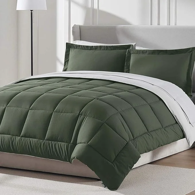 Healthy Nestl 7 Piece Full Comforter Set – Olive Green Reversible Bed in a Bag – Complete Full Size Bedding Set with Sheets Pillowcases and Shams Sophisticated