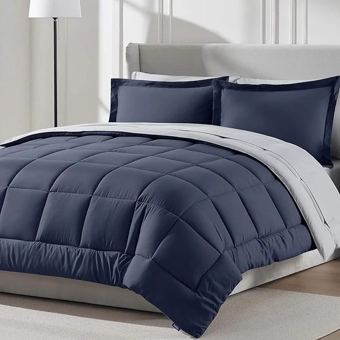 Elegant Nestl 7 Piece California King Comforter Set – Navy Reversible Bed in a Bag – Complete Cal King Size Bedding Set with Sheets Pillowcases and Shams Eco-Friendly