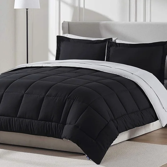 Breathable Nestl 7 Piece Queen Comforter Set – Black Reversible Bed in a Bag – Complete Queen Size Bedding Set with Sheets Pillowcases and Shams Luxury