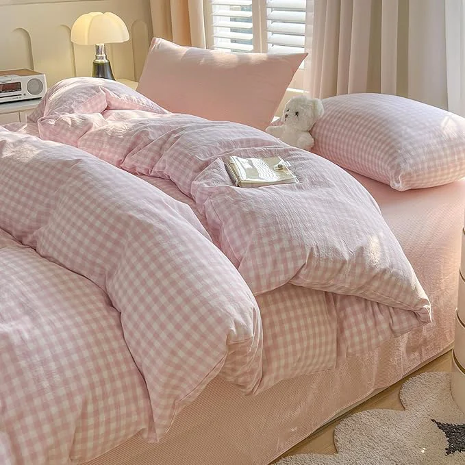 High-Grade VM VOUGEMARKET Pink Plaid Comforter Set Queen 3 Pieces White Pink Gingham Comforter with 2 Pillowcases for Teen Girls Students Simple Modern Bedding Set 90 quot x90 quot Solid