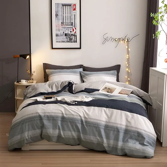 Elegant VM VOUGEMARKET Stripes Comforter Set King Gray Blue Striped Bedding Comforter with 2 Pillowcases Modern Style Lightweight Soft Comforter Set for Men Adutls Powerful