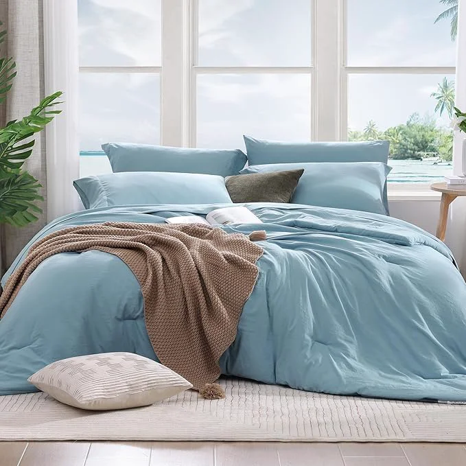 User-Friendly WRENSONGE Queen Comforter Set 7 Pieces Soft Blue Bed in a Bag Queen with Fitted Sheet Flat Sheet 2 Pillow Shams and 2 Pillowcases- Warm Bedding Sets for All Season Modern