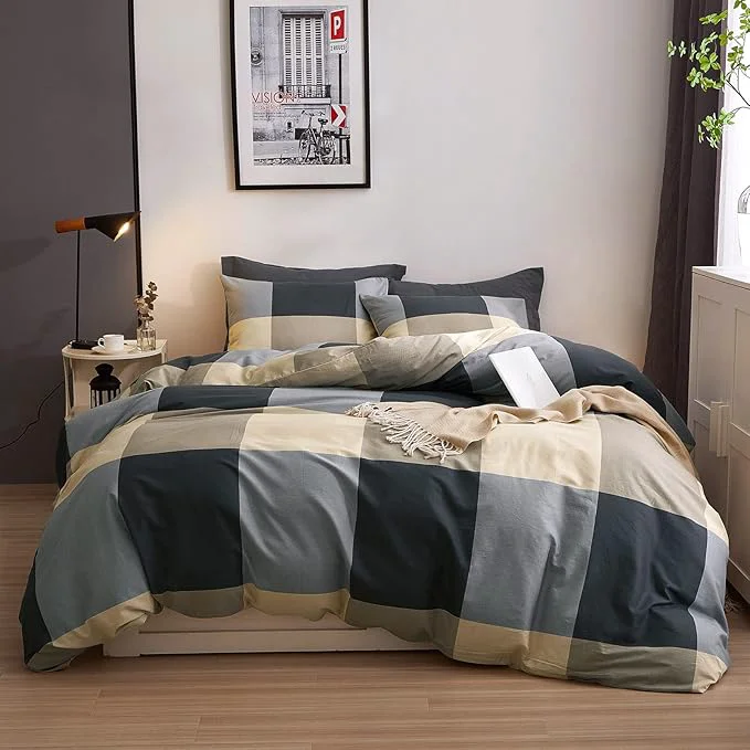 Elegant VM VOUGEMARKET Black Gray Beige Plaid Comforter Set Queen Boys Men Modern Bedding Set Geometric Checkered Pattern Comforter Bed in a Bag All Season Queen Comforter Set Organic