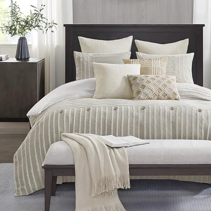 Lightweight Madison Park King Comforter Set Clipped Jacquard Stripes with Buttons Boho Comforter for a King-Size Bed Cotton Oversized Comforters with Removable Cover Boho Bedding King Ivory 9 Piece Fine