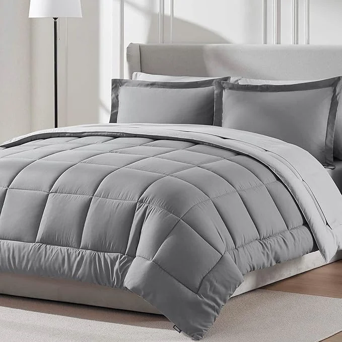 Environmentally Friendly Nestl 7 Piece Queen Comforter Set – Grey Reversible Bed in a Bag – Complete Queen Size Bedding Set with Sheets Pillowcases and Shams Contemporary